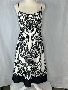 Ann Taylor Dress Black & White Floral Summer A Line Spaghetti Straps Side Zip 4👍